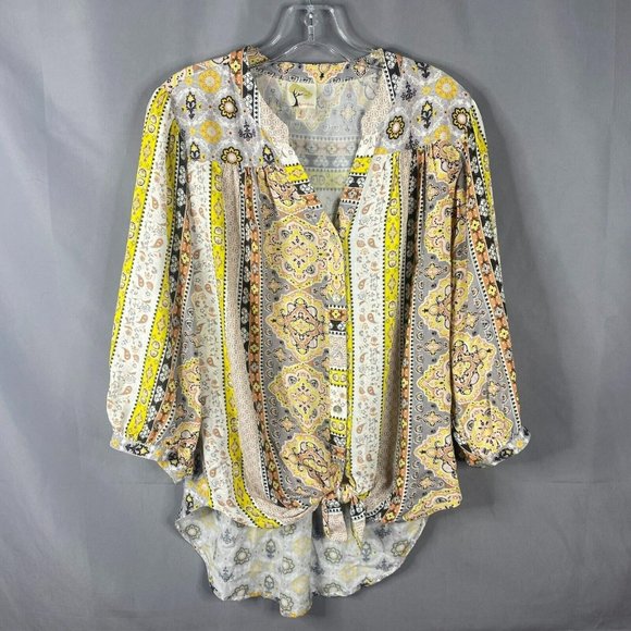 fig and flower Tops - Fig and Flower Anthropologie Blouse Womens L Yellow Tan Front Tie Flowy Top Boho